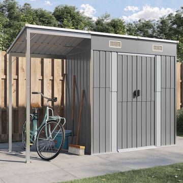 Casetta da giardino con tetto allungato grigio chiaro 277x107x181 cm in acciaio