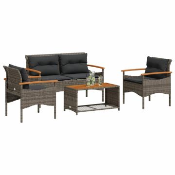 Set Divani da Giardino 4 pz con Cuscini in Polyrattan Grigio