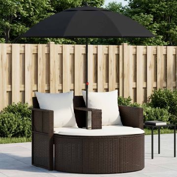 Lettino da Giardino con Ombrellone Marrone in Polyrattan