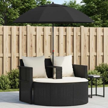 Lettino da Giardino con Ombrellone Nero in Polyrattan