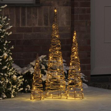 Albero di Natale 3 pz Bianco caldo 20 x 20 x 80 cm Rattan