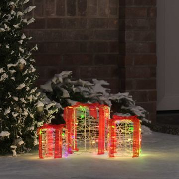 Decorazione Scatola Regalo 3 pz 60 LED colorato 20 x 20 x 21 cm