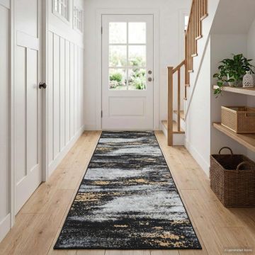 Tappeto Antiscivolo LESAKA Nero e Oro 100 x 250 cm Velluto diamante