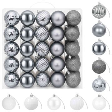 Set di Palline di Natale 75 pz Bianco e Grigio 6 cm Polistirolo