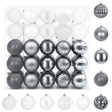 Set di Palline di Natale 50 pz Bianco e Grigio 8 cm Polistirolo