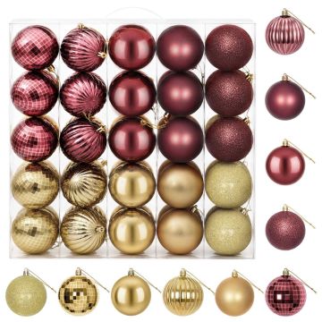 Set di Palline di Natale 50 pz Oro e rosso vino 8 cm