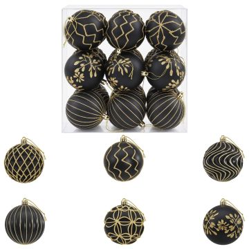 Set di palline di Natale XL 18 pz Nero e Oro 8 cm Polistirolo