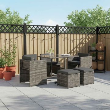 Set da Pranzo per Esterni 7 pz con Cuscini in Polyrattan Grigio