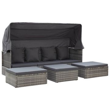 Lettino da Giardino con Tettuccio in Polyrattan Grigio Mélange