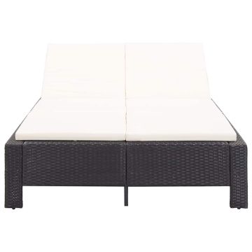 Lettino Prendisole a 2 Posti con Cuscino Nero in Polyrattan
