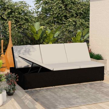 Lettino Prendisole Trasformabile con Cuscino Polyrattan Nero