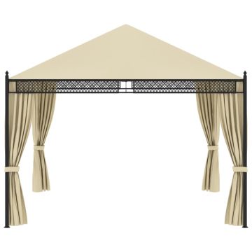 Gazebo con Tende 3,5x3,5x3,1 m Crema in Polyrattan 140g/m²