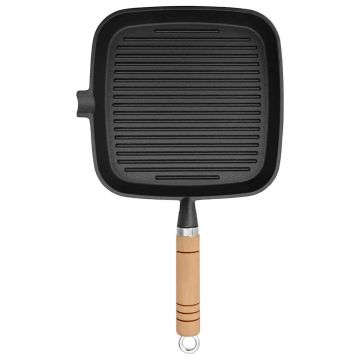 Padella Tegame Griglia in Ghisa con Manico in Legno 20x20 cm