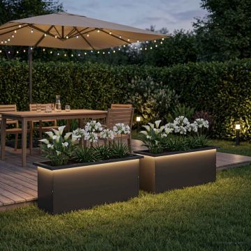 Fioriera da giardino con LED 2 pz Nero 30 x 100 x 30 cm Acciaio