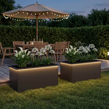Fioriera da giardino con LED 2 pz Nero 50 x 80 x 48 cm Acciaio
