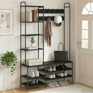 Appendiabiti con panca per scarpe Rovere Nero