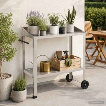 Tavolo da Vaso con Ruote 96 x 50 x 89 cm Acciaio Inox Argento