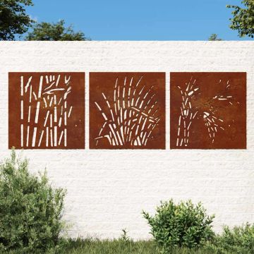Decorazioni Muro Giardino 3 pz 55x55 cm Erba in Acciaio Corten