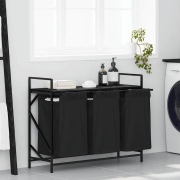 Cesto per la Biancheria 3 Scomparti con Ripiano Rovere Nero