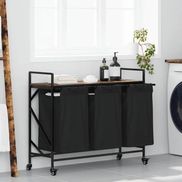 Cesto della Biancheria 3 Scomparti con Ruote Rovere Fumo
